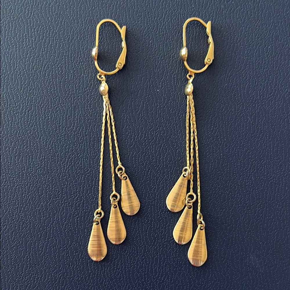 Gold Tone Triple Tear Drop Dangle Earrings